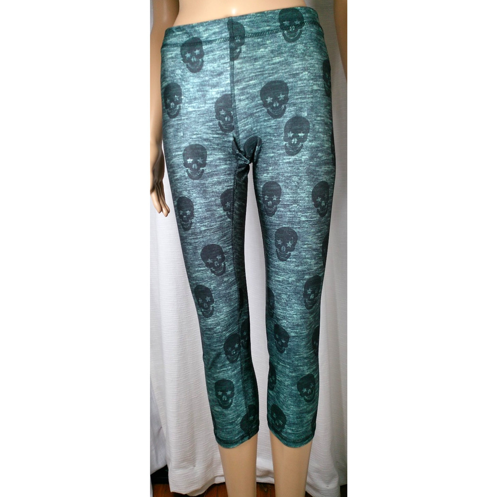 Terez Skull Capri Leggings Womens M Green Heathered Poly Spandex Stretch